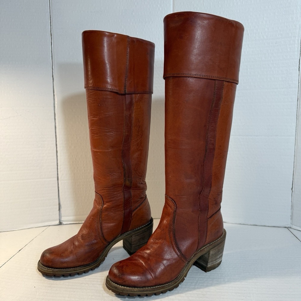 VTG Frye Campus Boots Sz 6 70s Knee High Cuff Black Label Cognac Orig Box USA - Picture 2 of 16